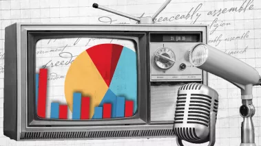 Image of bar graph and a pie graph on an old TV set