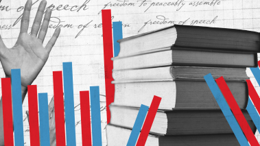 Image of bar graphs, school books, and a student raising a hand.