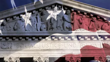 Digital composite of the Supreme Court Building and American flag