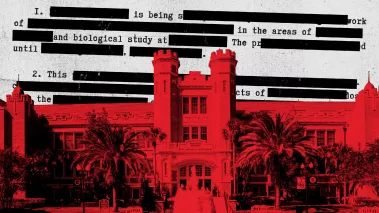 Image of campus building in red with redacted text in the background