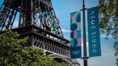 The Olympic Rings installed on the Eiffel Tower ahead of the Paris 2024 Olympic Games 