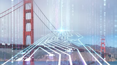 Golden Gate Bridge from South side San Francisco California Artificial Intelligence concept