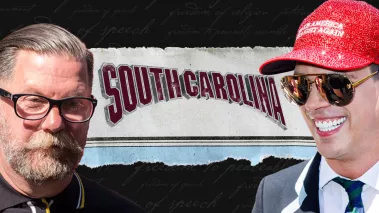 Former Breitbart editor Milo Yiannopoulos and Proud Boys co-founder Gavin McInnes in front of a University of South Carolina sign.