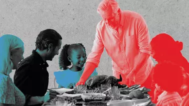 A family eating Thanksgiving dinner, with some family members colored red and some blue, indicating their political ideologies.