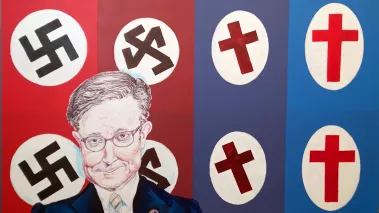 Joel Gibbs' painting 'Evolution' showing Tennessee state House Speaker Mike Johnson in front of swastikas that morph into the Christian cross