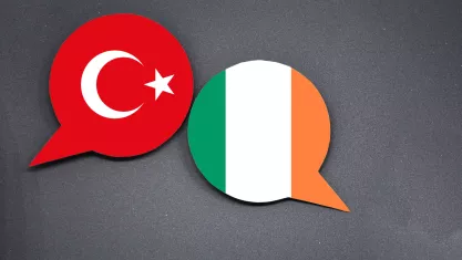 Turkey and Ireland flags with two speech bubbles on dark gray background