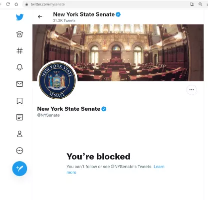 New York State Senate Twitter feed Blocked