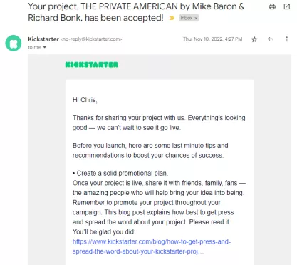 Kickstarter Approval of Private American comic book