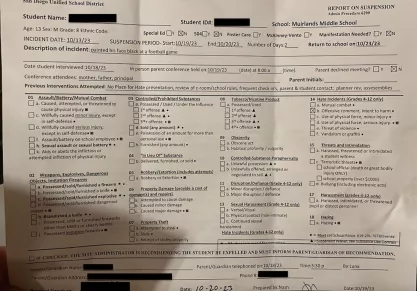 Muirlands Middle School suspension notice to student JA, October 20, 2023