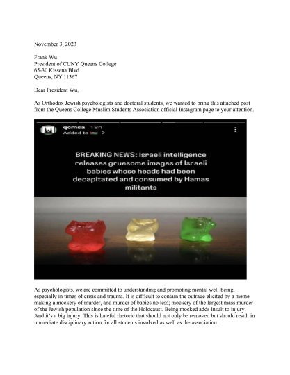 Complaint letter to Queens College President Frank Wu regarding Muslim student group Instagram posts, November 3, 2023