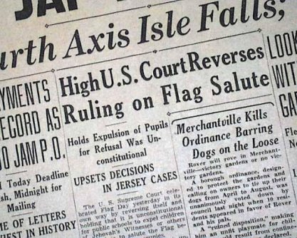  Newspaper from June 15, 1943 showing Supreme Court striking down ruling on saluting the flag.
