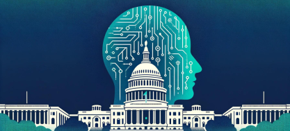 Illustration of the US Capitol building with the profile of a human head behind it with microchip circuits
