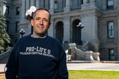 Jeff Hunt wearing "Pro Life U" sweatshirt