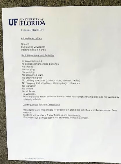 University of Florida protest rules flyer