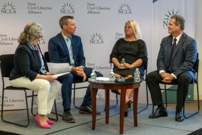 The Cape Gazette has joined the New Civil Liberties Alliance and others in a court appeal to end the Securities and Exchange Commission gag rule. Shown at an earlier forum on the appeal are (l-r) Margaret Little, NCLA counsel; Chris Rausch, owner/publisher Cape Gazette; Cassandra Toroian, former Rehoboth Beach investment advisor; and Thomas Powell, a finance entrepreneur. 