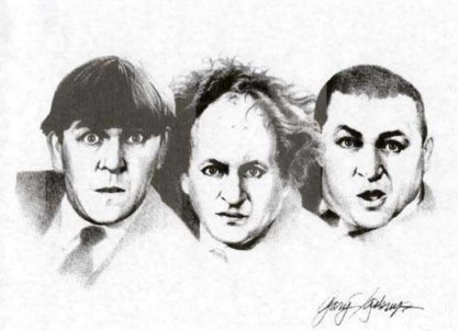 Charcoal drawing of the Three Stooges, Moe, Larry, and Curly.