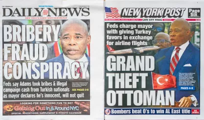 Headlines of the NY Post and the NY Daily News report on the indictment New York City Mayor Eric Adams on federal charges 