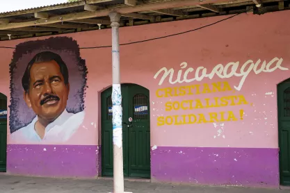 Portrait of Nicaragua president Daniel Ortega displayed in public place