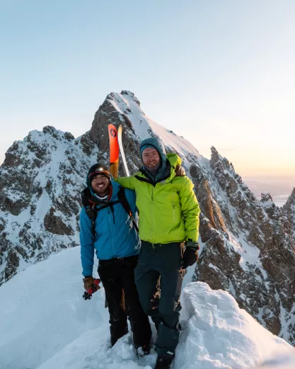 Alex and Connor on the summit of Grand Teton,skiing the Ford-Stettner route