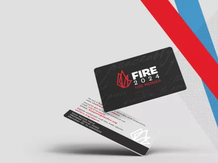 A black card with "FIRE" written in bold white letters and our flame icon in red.