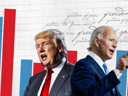 Donald Trump and President Joe Biden in front of a blue and red bar chart