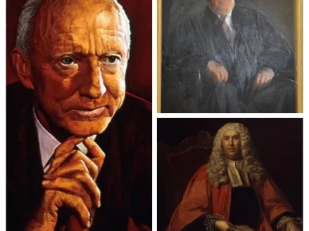 Collage of Justice Hugo Black on the left, Robert Bork top right, and William Blackstone bottom right