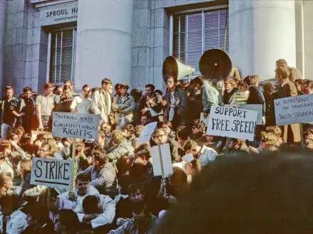 Signs in front of Sproul Hall on December 3, 1964