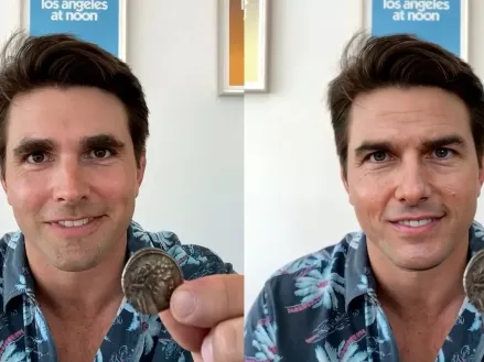 Want to see a magic trick? Tom Cruise impersonator Miles Fisher (left) and the deepfake Tom Cruise created by Chris Ume (right). 