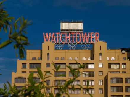 Former headquarters of Jehova's witnesses in New York with the big Watchtower sign on top in 2010