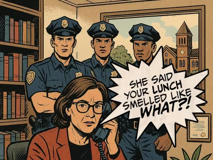 Illustration of police officers entering the office of a professional woman, who is speaking into the phone: "She said your lunch smelled like what?"