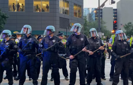 Police officers line up outside the DNC in Chicago 2024