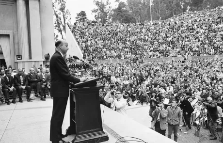 University of California, Berkeley, Chancellor Clark Kerr speaking at Greek Theater convocation on December 7, 1964.