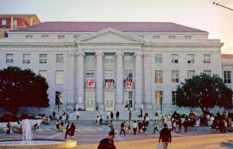 Signs on the front of Sproul Hall at the University of California, Berkeley, on December 3, 1964.