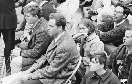 Mario Savio and Bettina Aptheker in the audience at the Greek Theater on the campus of University of California, Berkeley, on December 7, 1964.