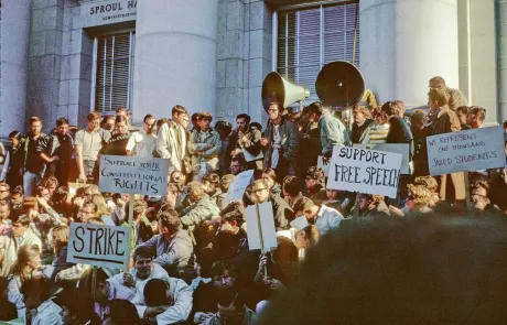 Signs in front of Sproul Hall on December 3, 1964