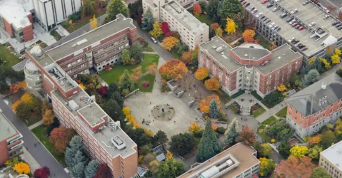 Aerial view of college campus buildings 