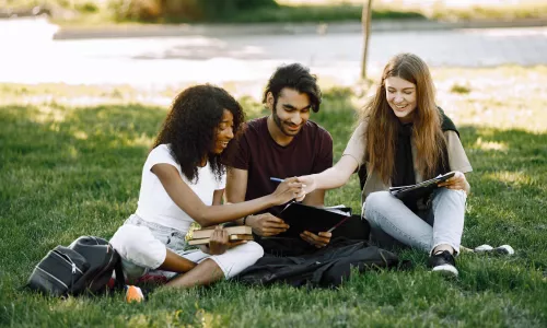 Students sitting together on grass