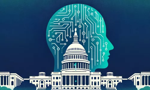 Illustration of the US Capitol building with the profile of a human head behind it with microchip circuits