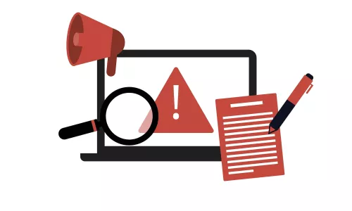 Vector image of laptop with error message and report