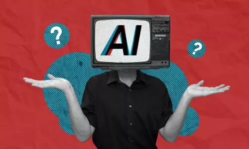 Human with TV Head representing artificial intelligence