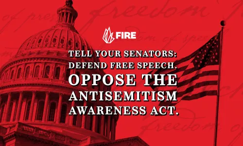 The Capitol Building in red with the words: "Tell your senators: Defend free speech. Oppose the antisemitism awareness act."