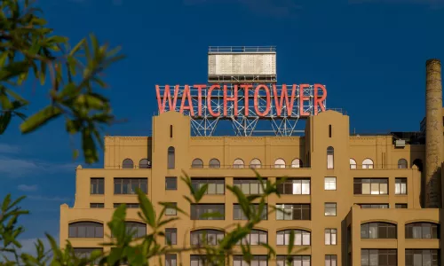 Former headquarters of Jehova's witnesses in New York with the big Watchtower sign on top in 2010