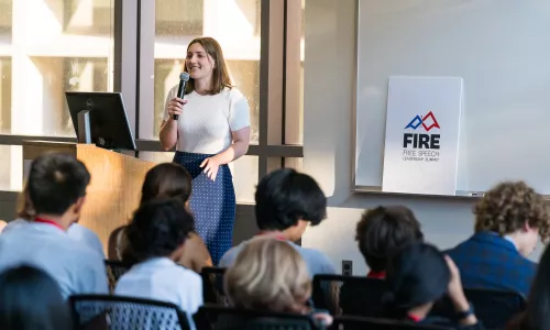 FIRE senior scholar Sarah McLaughlin speaks at the Free Speech Leadership Summit in 2024