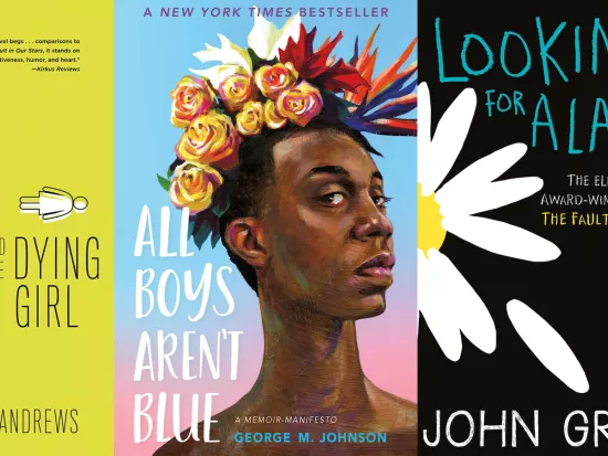 Covers of the banned books “All Boys Aren’t Blue,” “Me, Earl, and the Dying Girl,” and “Looking for Alaska,” 