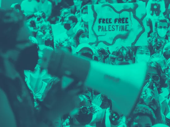 Person speaking into a megaphone in the foreground and a crowd of people in the background.