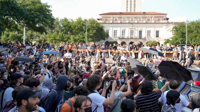 Pro-Palestinian protesters march at the University of Texas Monday April 29, 2024.