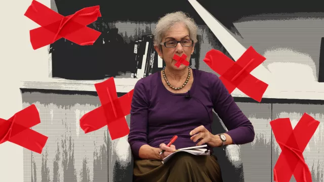 Penn professor Amy Wax with red tape over her mouth