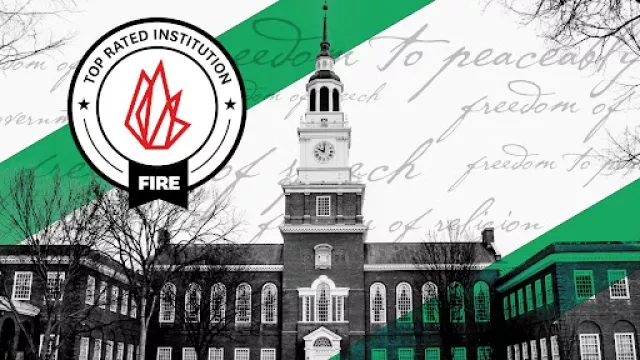 Baker Memorial Library at Dartmouth College with green stripes in the background, indicating the school has received a "Green Light" speech code rating from FIRE.