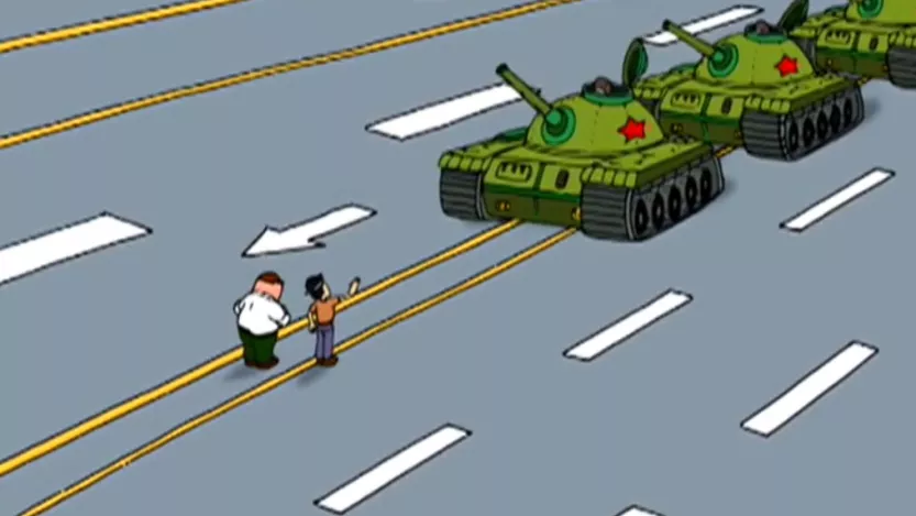 "Family Guy" father Peter stands in front of the tanks in Tiananmen Square